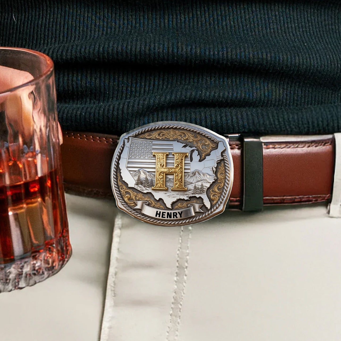 Custom Initial Buckle Belt, United State Map, Gift For Him - Personalized Patriot Leather Belt With Shaped Buckle