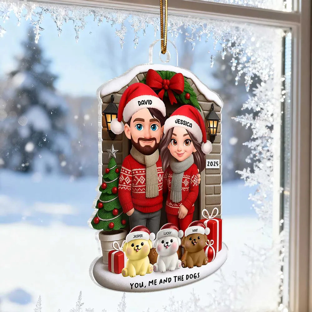 Acrylic Ornament featuring “You, Me and the Dogs” theme, festive sweaters, gifts and tree—perfect holiday gift for Couples and Dog Lovers