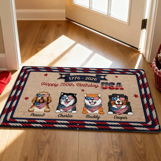 Personalized USA 250th Birthday Dog Standard Doormat for Entryway - Custom Pet Gift Idea with Patriotic Style