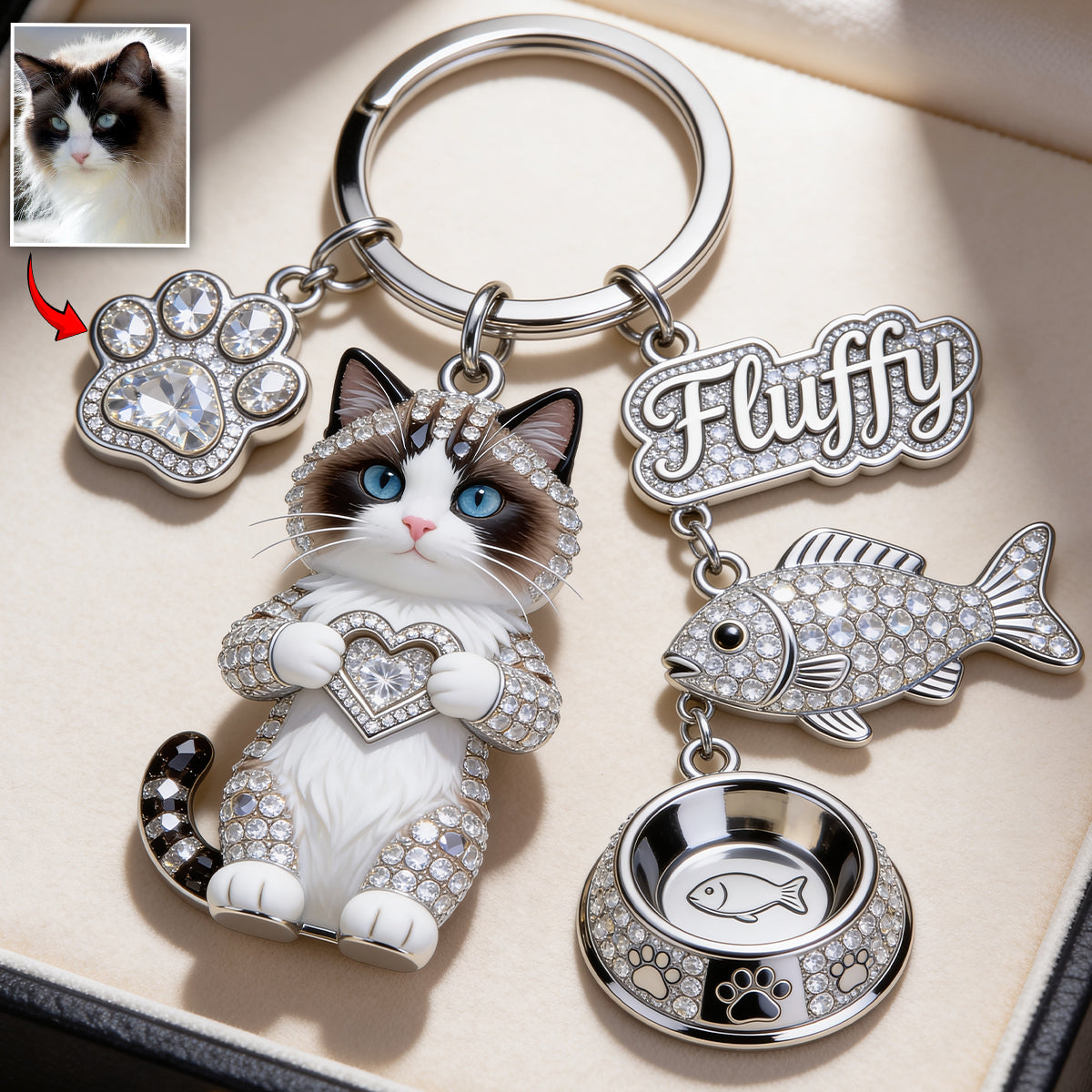I Love My Cat - Personalized Cat Premium Keychain With Charms
