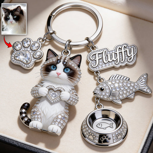 I Love My Cat - Personalized Cat Premium Keychain With Charms