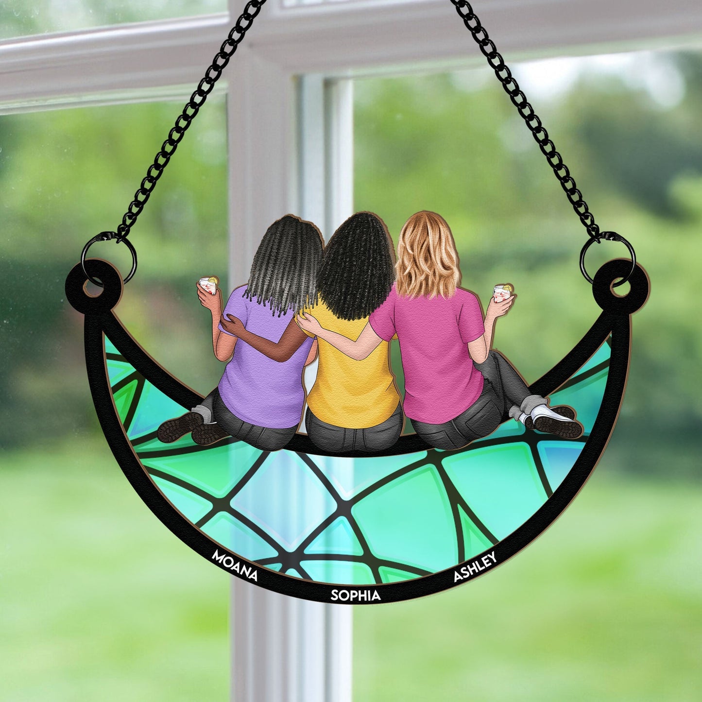 Back View Girls on Moon – Custom Friendship Ornament with Names and Outfits