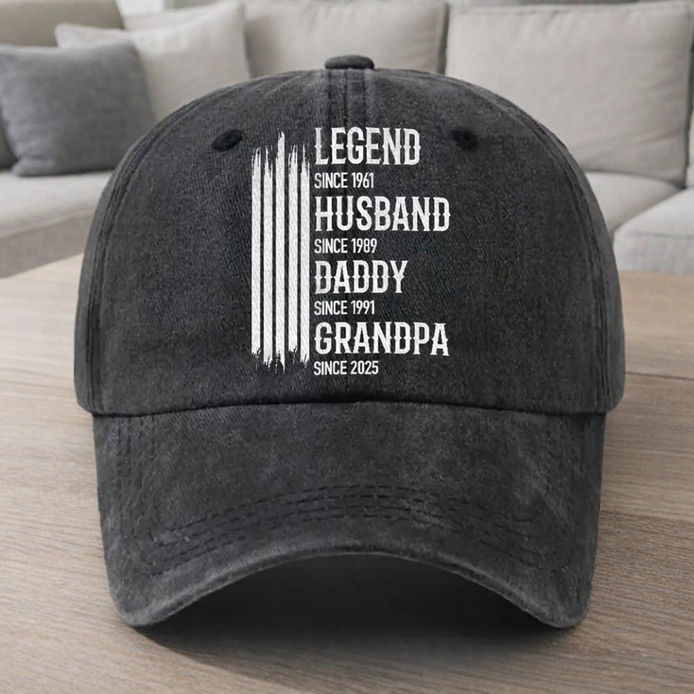 Personalized Washed Denim Baseball Cap 'Legend Husband Daddy Grandpa' Vintage Look Casual Gift for Dad