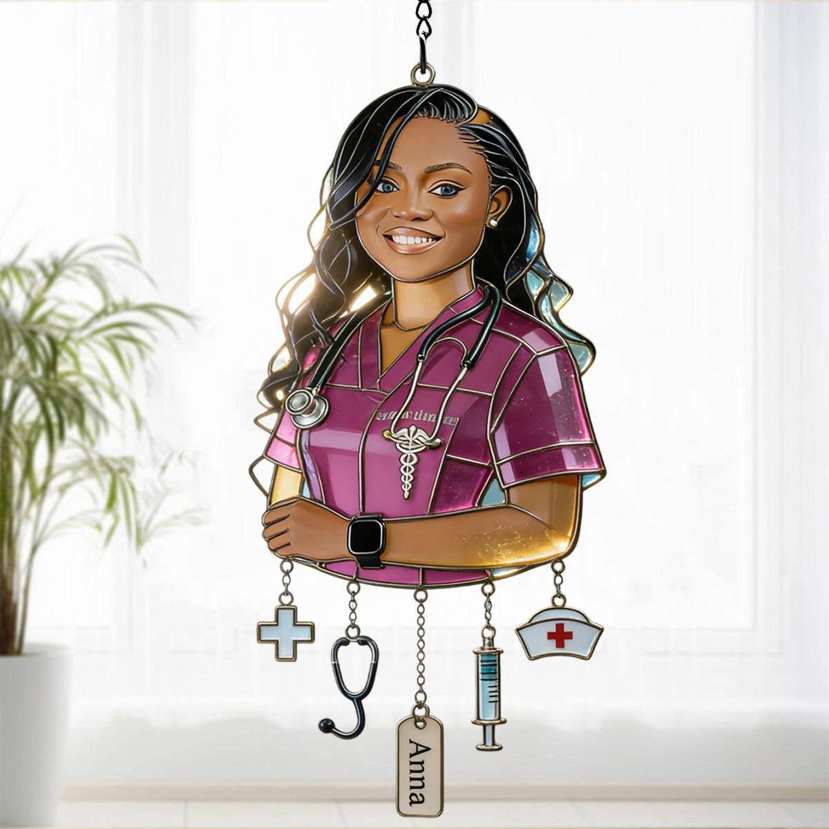 Gift For Nurse - Custom Any Photo - Personalized Nurse Window Hanging Suncatcher With Charms