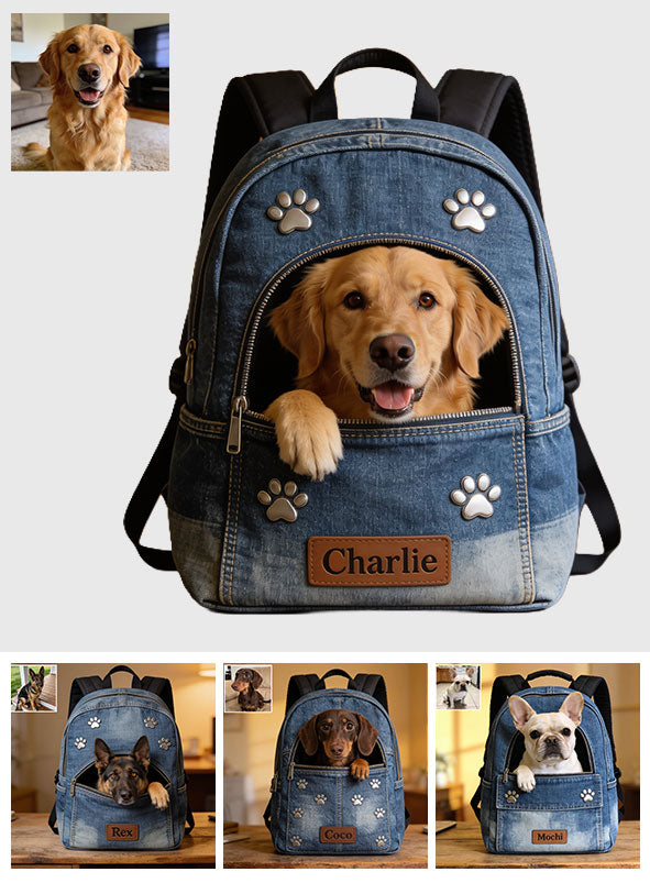 Any Photo Personalized Denim Dog Backpack - Personalized Dog Changeable Leather Patch Backpack