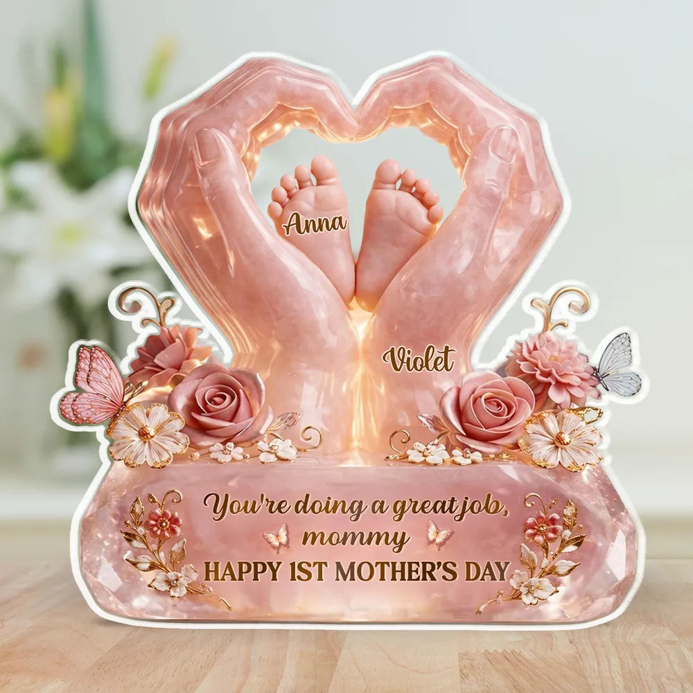 Personalized Shaped Acrylic Block Plaque for Mom, Baby Feet in Heart Hands, Mother's Day Keepsake, Unique Gift