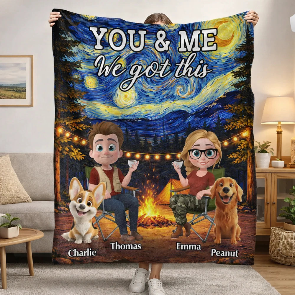 Personalized You & Me Camping Fleece Blanket, Cozy Campfire Couple & Dogs, Unique Gift for Couples