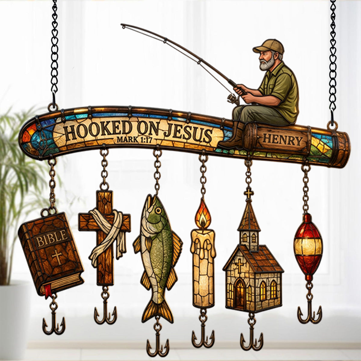 Hooked On God - Personalized Fishing Window Hanging Suncatcher With Custom Charms