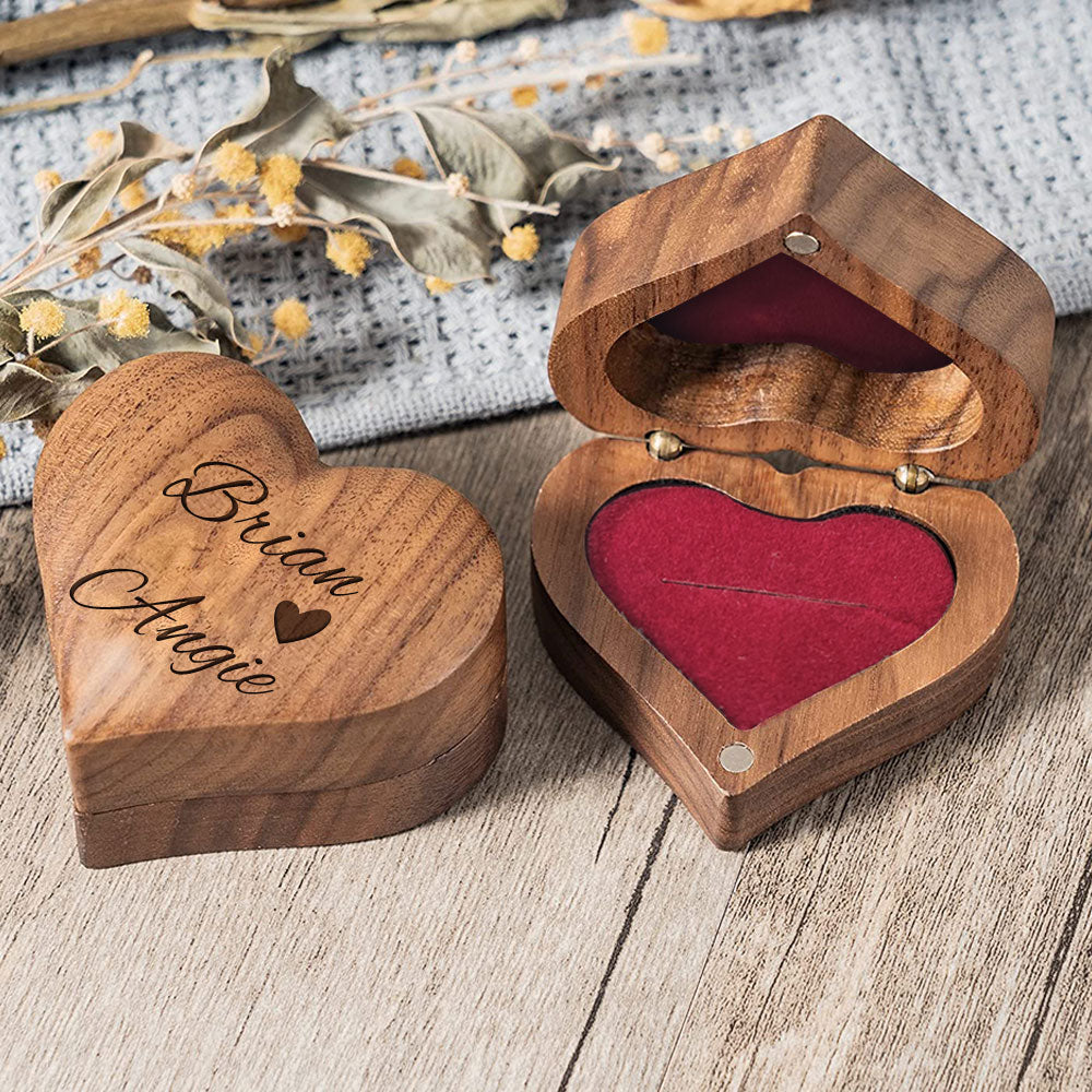 Custom Engraved Text - Personalized Name Heart Wooden Ring Box
