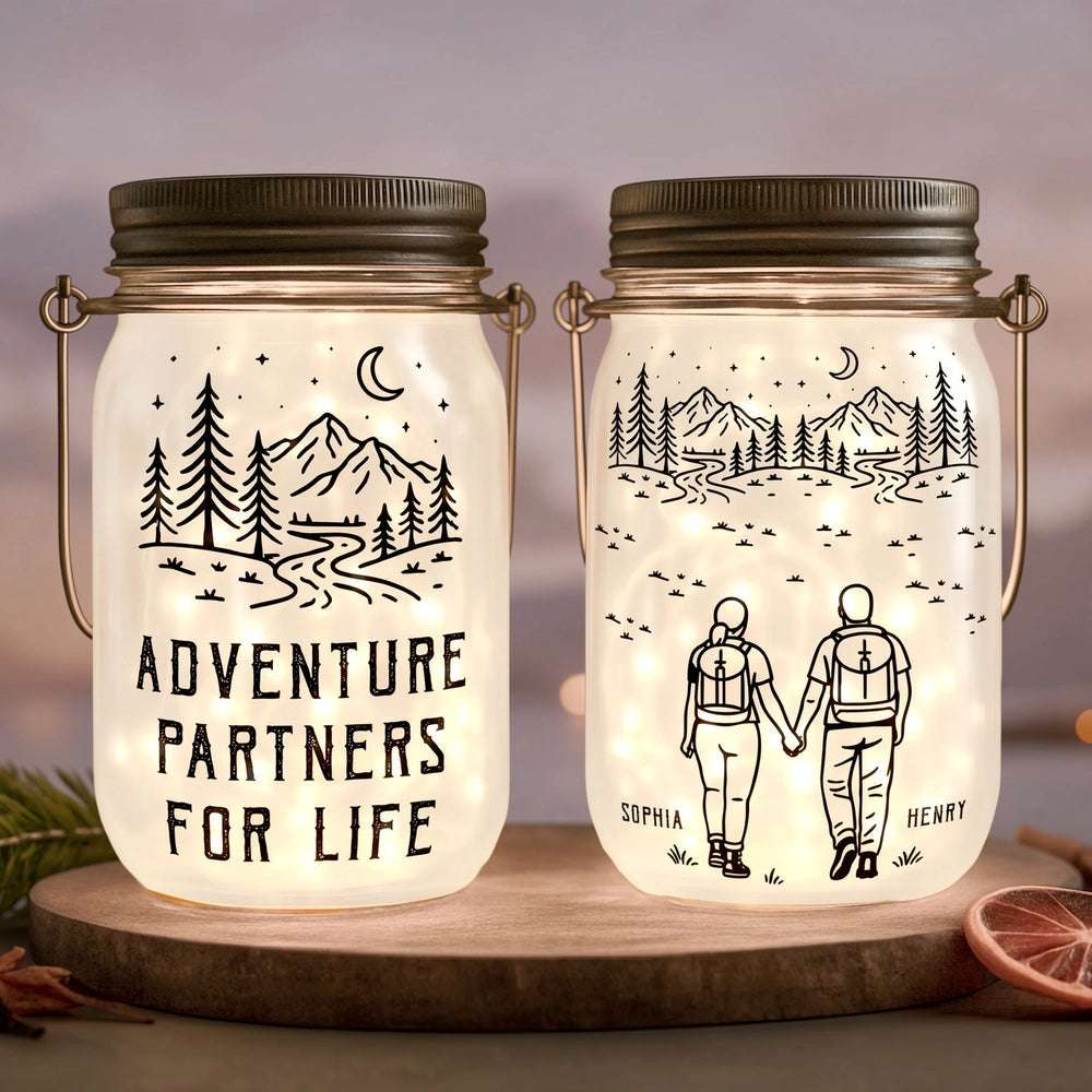 Personalized Solar Mason Jar Light with Adventure Partners For Life Hiking Couple Design - Unique Gift for Couples