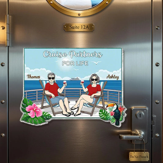 Personalized Acrylic Magnet Cruise Partners For Life, Relaxing Couple on Deck, Unique Cruise Door Gift