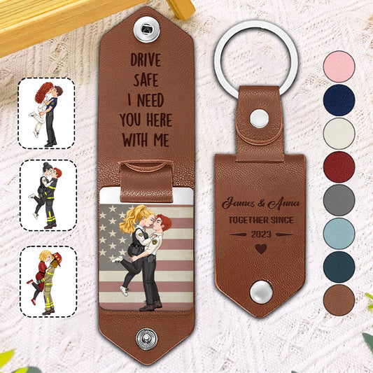Drive Safe I Need You Here With Me - Personalized Couple Leather Photo Keychain