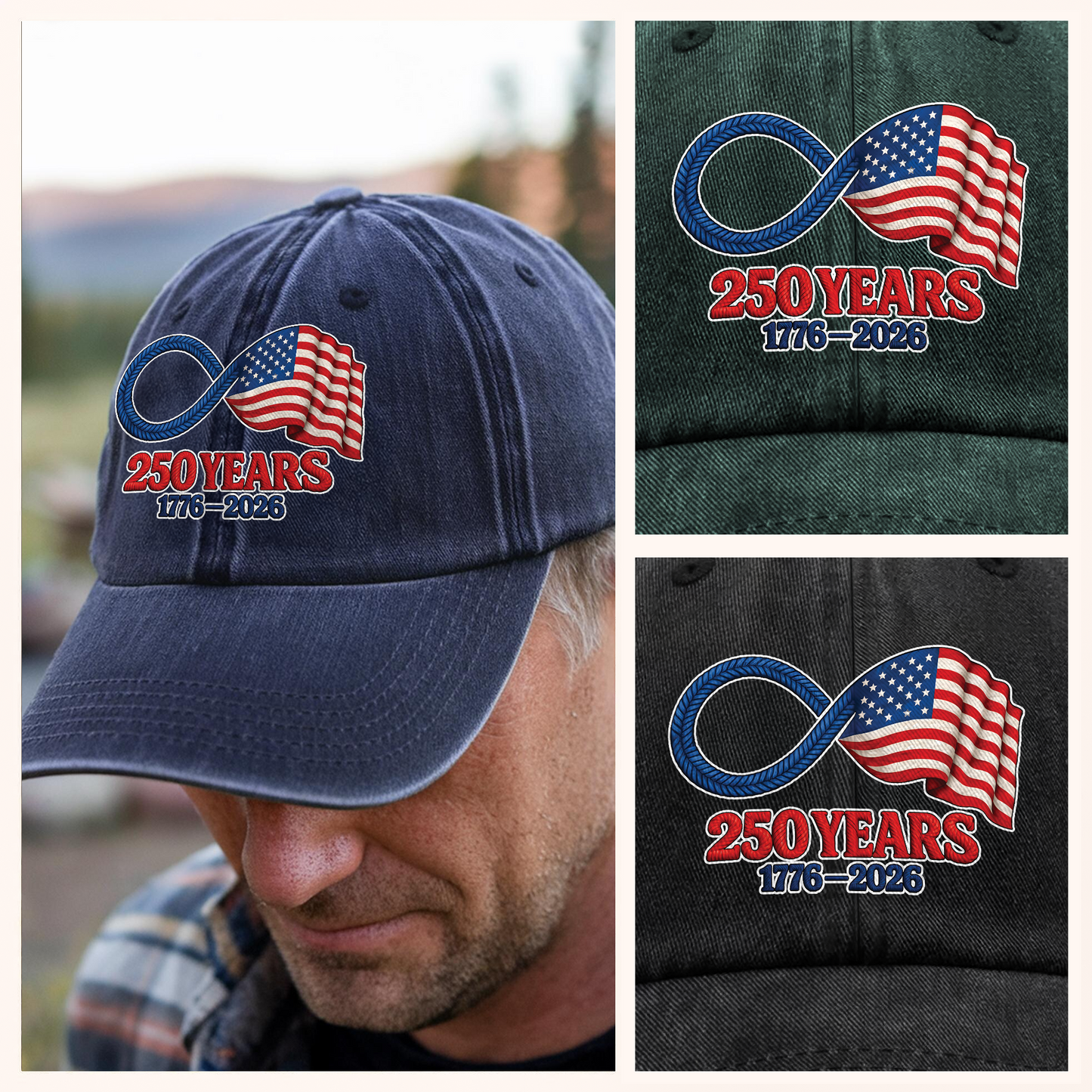 Personalized Washed Denim Baseball Cap with 250 Years Infinity Flag Design, Casual Outdoor Wear, Unique Patriotic Gift
