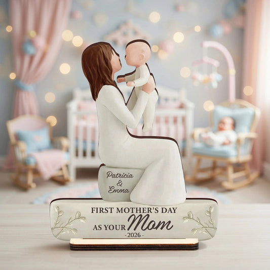 Personalized 2-Layer Wooden Plaque, Mom Holding Baby Keepsake for Nursery or Living Room, Unique First Mother's Day Gift
