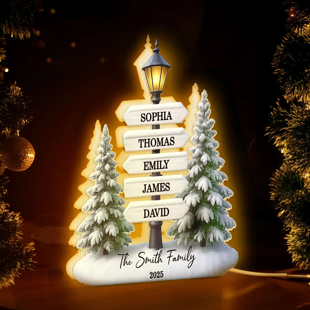 Personalized Christmas Acrylic Light Box with Family Signpost & Snowy Trees, Warm Glow Holiday Décor, Unique Gift for Loved Ones