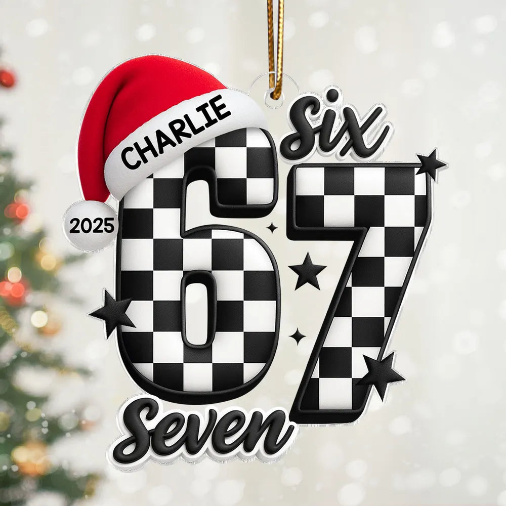 Personalized Acrylic Ornament with Checkered 67 and Santa Hat – Custom Kids Christmas Decor and Unique Holiday Gift