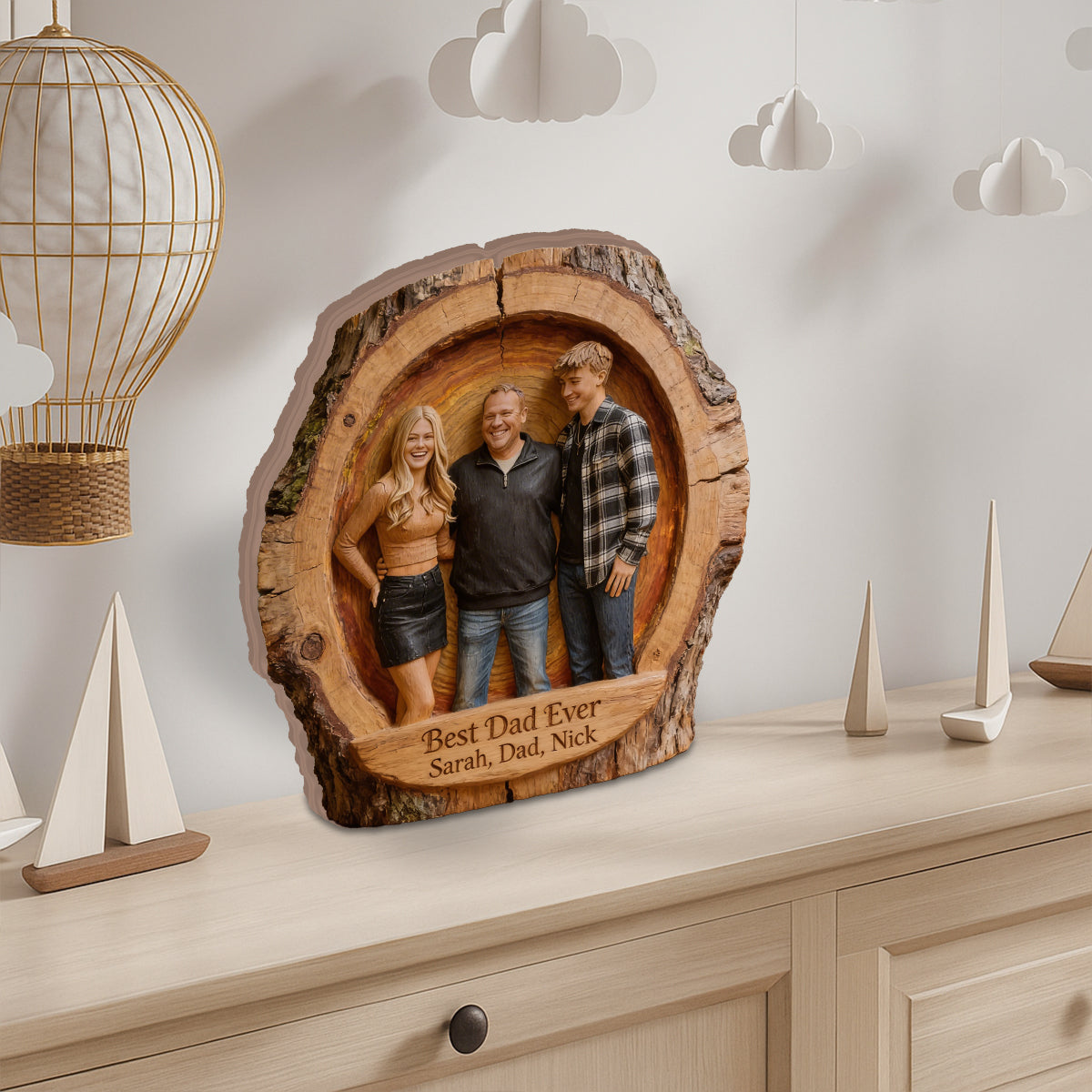 Custom Best Dad Ever Wood Log Figurine, Personalized Father and Son Carved Statue, Rustic Tabletop Decor Gift for Father's Day