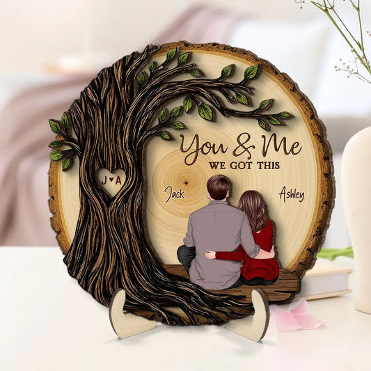 Personalized 2-Layer Wooden Plaque, Couple Sitting Back View Under Heart Tree, Unique Romantic Gift for Your & Me Moments