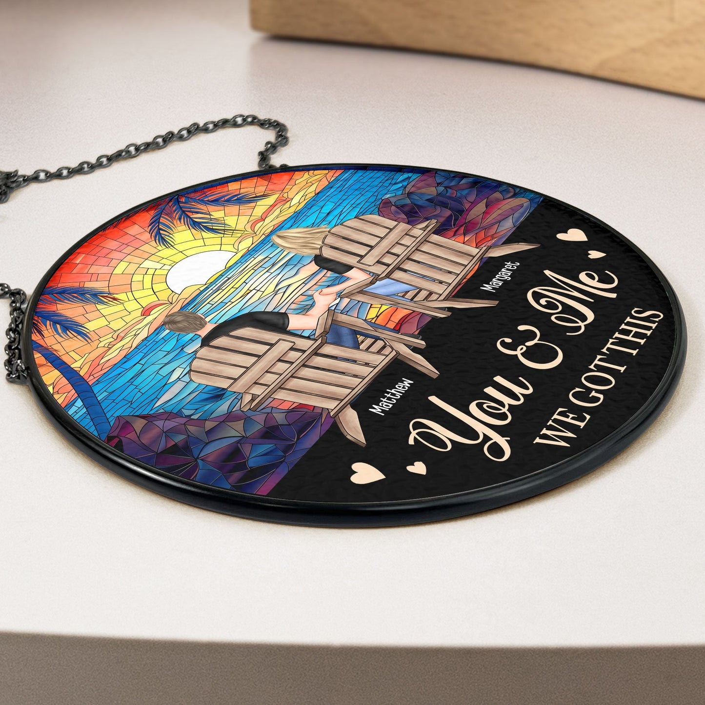 Custom Couple Glass Suncatcher Ornament – "You & Me, We Got This" Love Symbol