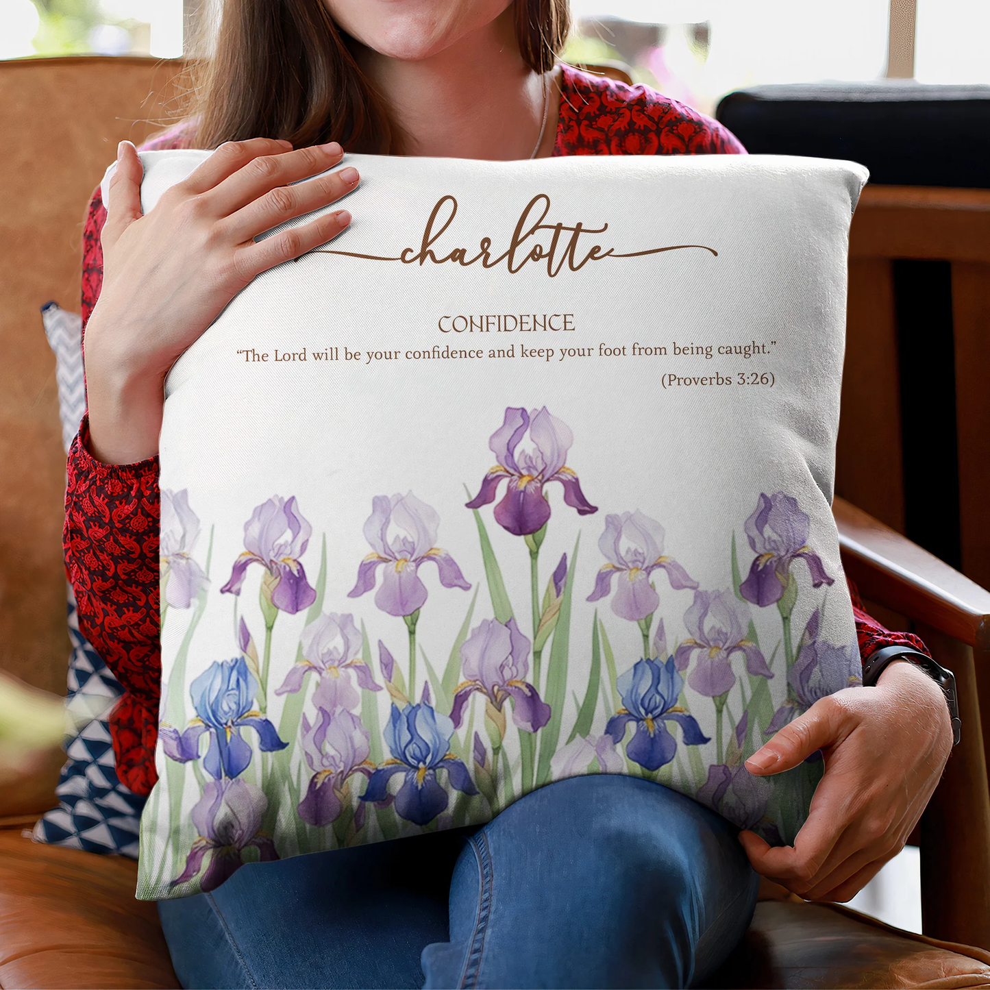 Personalized Square Pillow with Name and Bible Verse Gift for Her – Watercolor Iris Cushion for Daily Confidence