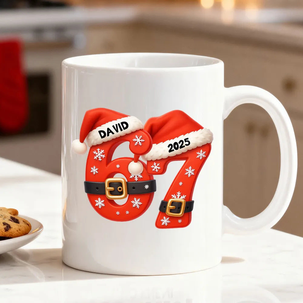 Personalized “67” Christmas Mug with Cute Cookie Design, Custom Name Holiday Gift for Kids, Teens & Grandkids