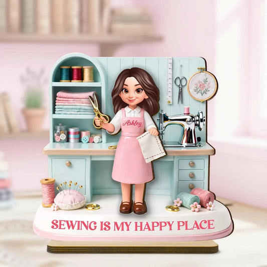 Personalized 2-Layer Wooden Plaque Sewing Is My Happy Place Cute Cartoon Sewing Room Scene, Unique Gift for Mom or Grandma