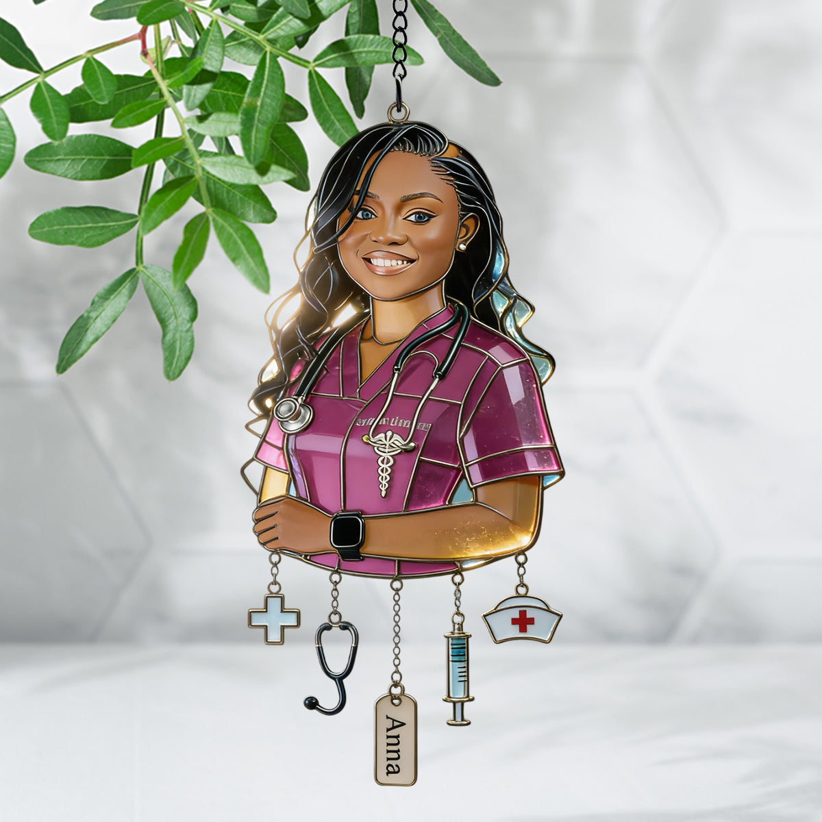 Gift For Nurse - Custom Any Photo - Personalized Nurse Window Hanging Suncatcher With Charms