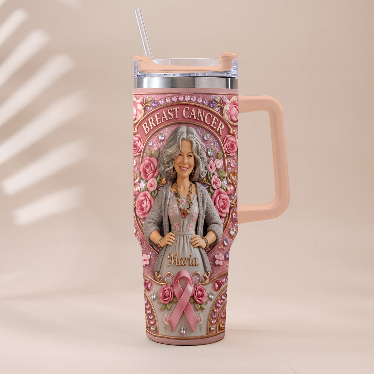 Hope Strength Love - Personalized Breast Cancer Awareness Tumbler With Plush Charm