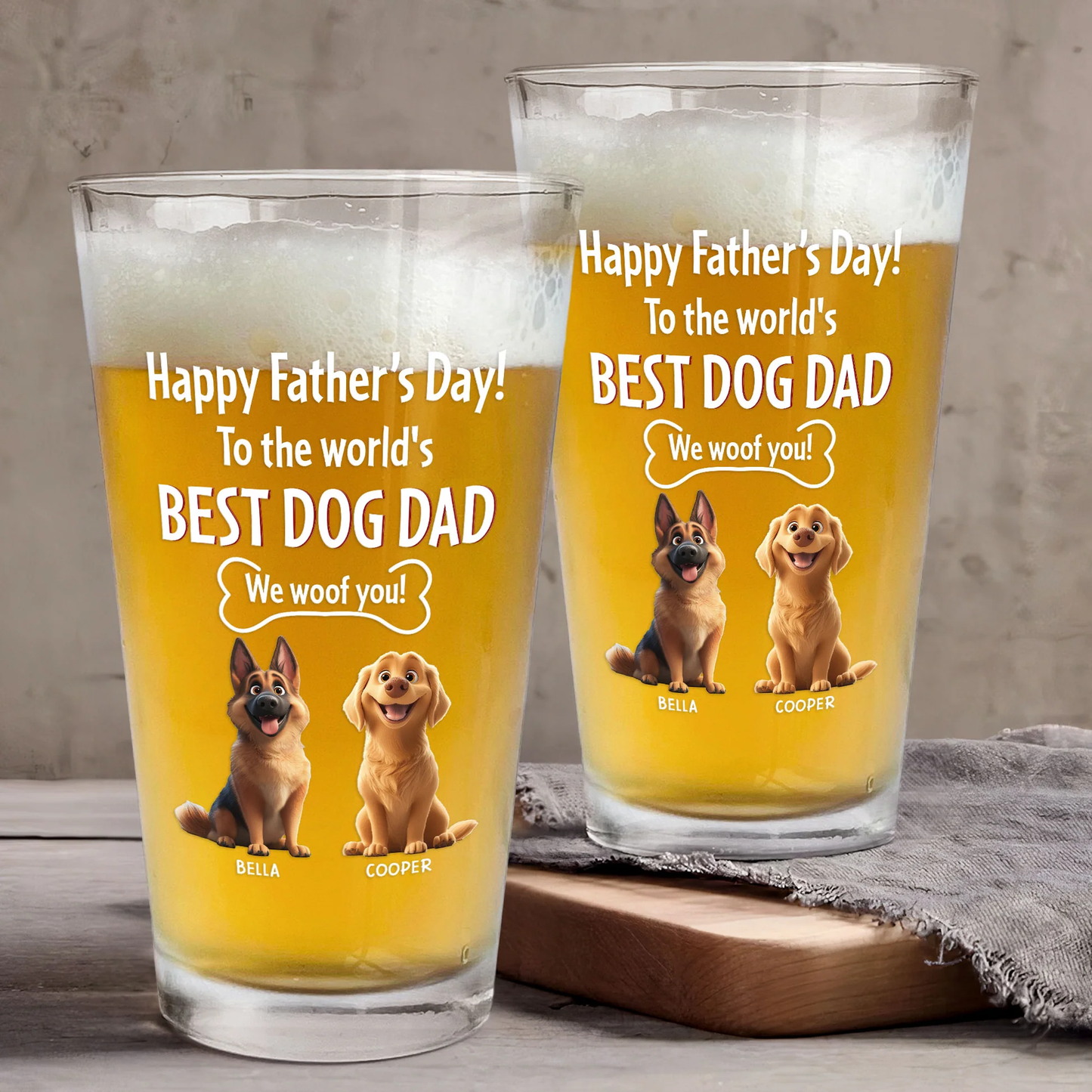 Happy Father's Day Best Dog Dad Personalized Beer Glass - Custom Pet Lover Gift for Dad, Classy Home Bar Display