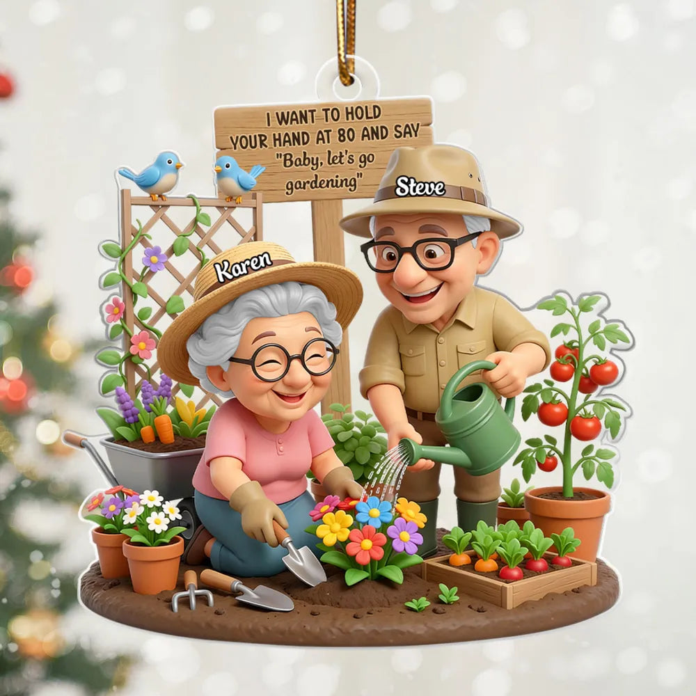 Acrylic Ornament 'Baby, let's go gardening' Sweet Old Couple Garden Scene Keepsake Unique Christmas Gift for Him & Her