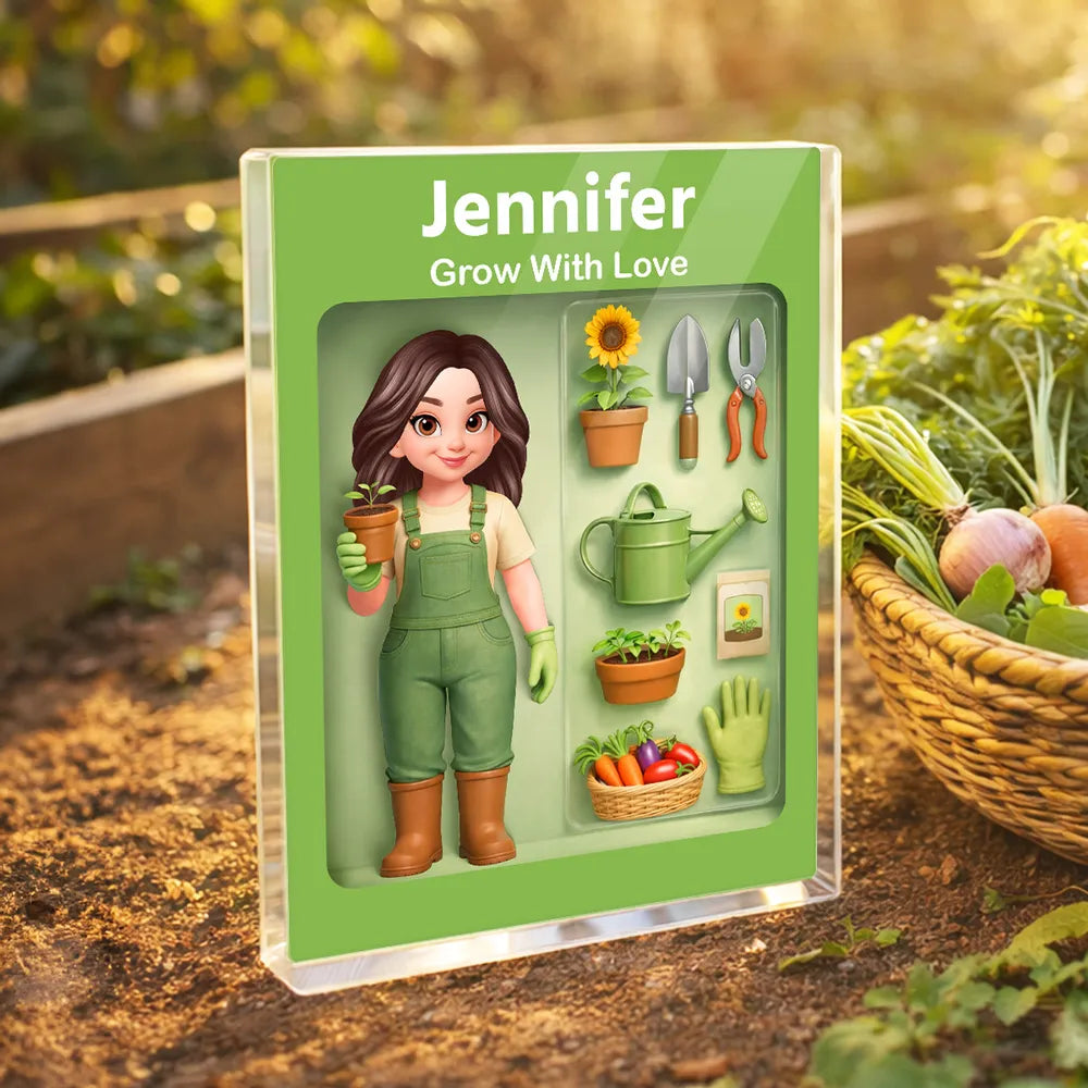 Personalized Rectangle Acrylic Block Plaque Garden Lover Desk Decor, Cute Cartoon Gardener With Tools, Unique Gift
