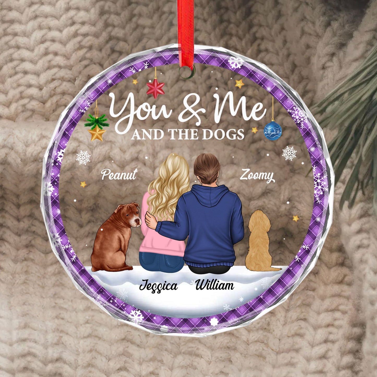 Personalized Christmas Ornament - "You & Me & The Dogs" Crystal Circle Design
