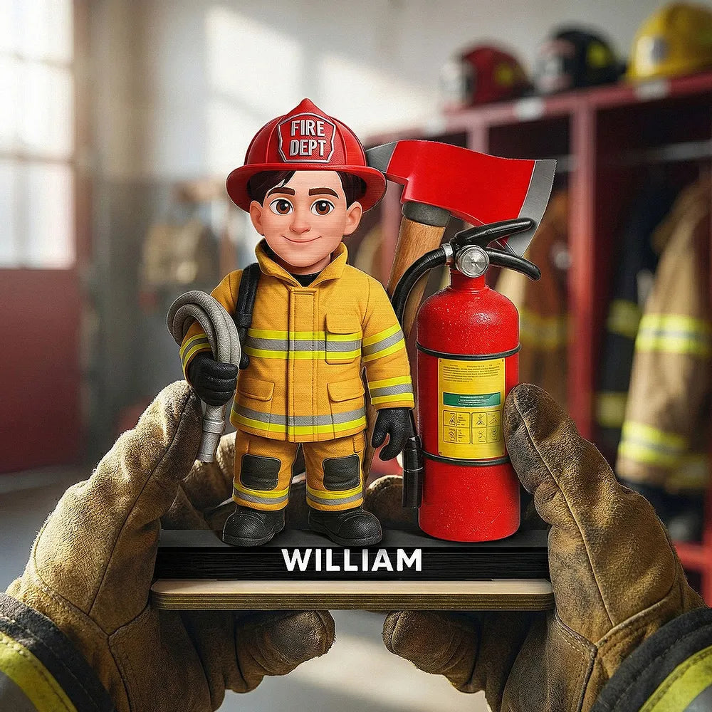 Personalized Firefighter 2-Layer Wooden Plaque with Fire Axe and Extinguisher Desk Decor Unique Gift for Firefighters
