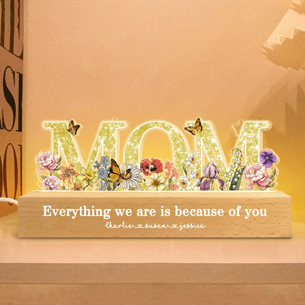 Personalized Block LED Light Plaque for Mom, Floral MOM Night Light with Custom Details, Cozy Bedroom Lamp & Heartfelt Gift