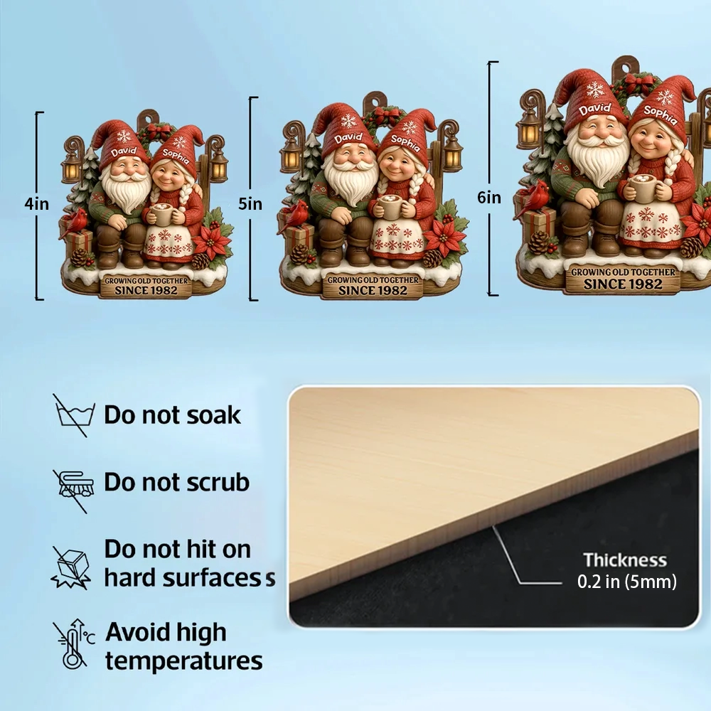 Personalized Wooden Ornament for Couples Growing Old Together – Cute Gnome Design, Christmas Tree Decoration, Unique Romantic Gift