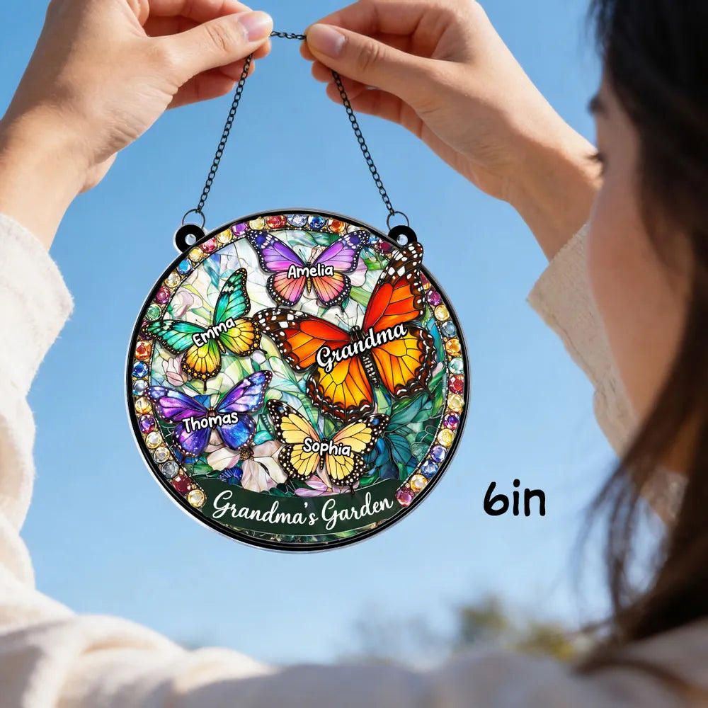 Personalized Butterfly Acrylic Suncatcher Ornament for Grandma's Window, Stained Glass Style Sunlight Reflection, Unique Gift