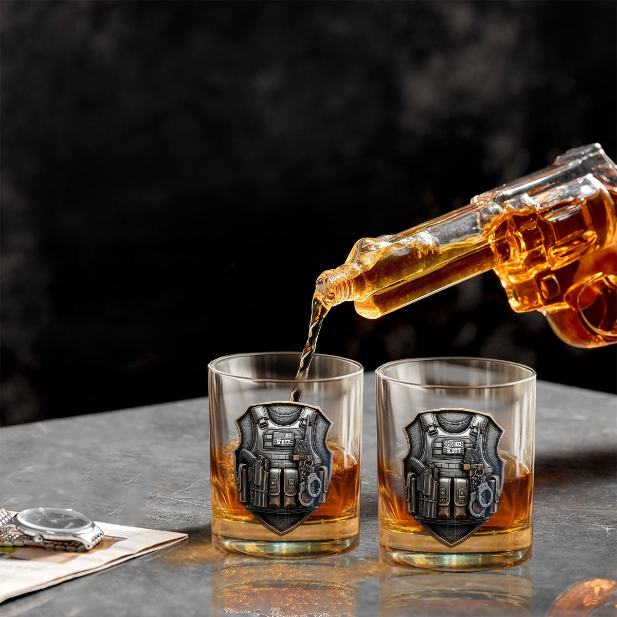 Honor Serve Protect - Personalized Police Officer Gun Decanter With Whiskey Glass