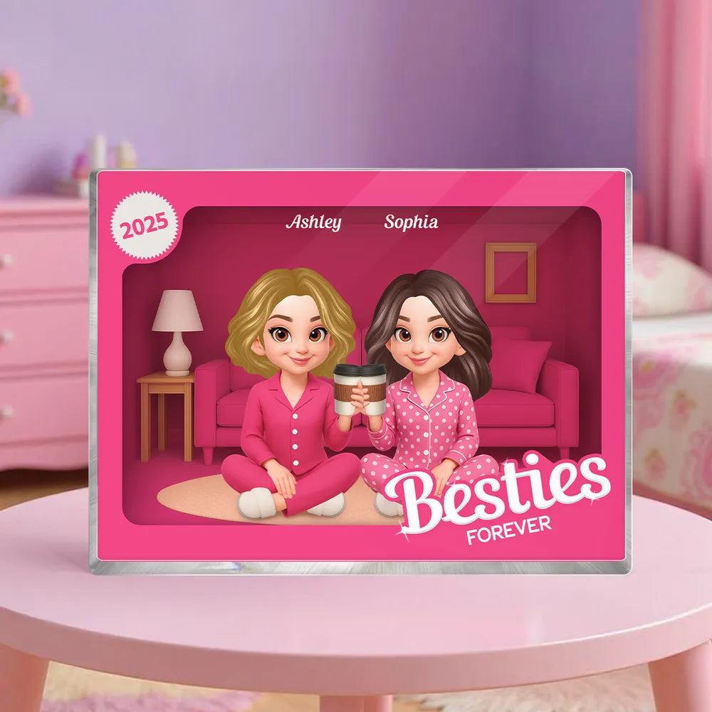 Rectangle Acrylic Block Plaque with Besties Forever Theme, Pajama Illustration, Clear Finish, Perfect Surprise Gift for Friends