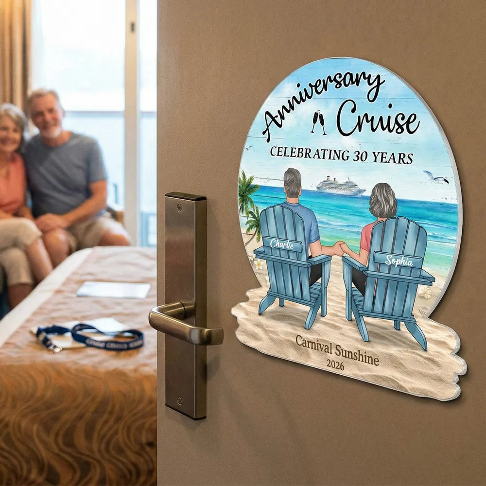 Personalized Anniversary Cruise Acrylic Magnet, Couple Holding Hands Beach Back View, Unique Gift for Husband & Wife