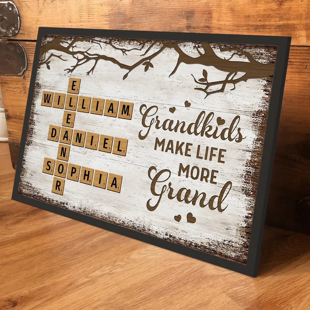 Personalized Family Poster – Grandkids Make Life More Grand – Custom Scrabble-Inspired Poster with Family Names
