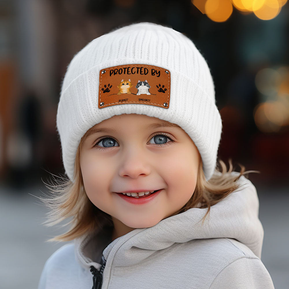 Custom Leather Patch Beanie Hat with Dog & Cat Design