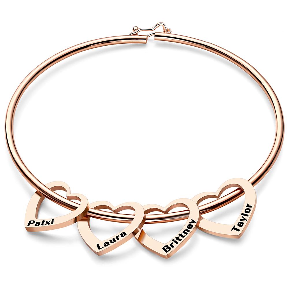 Any Name - Personalized Family Bangle Bracelet with Heart/Round Pendants