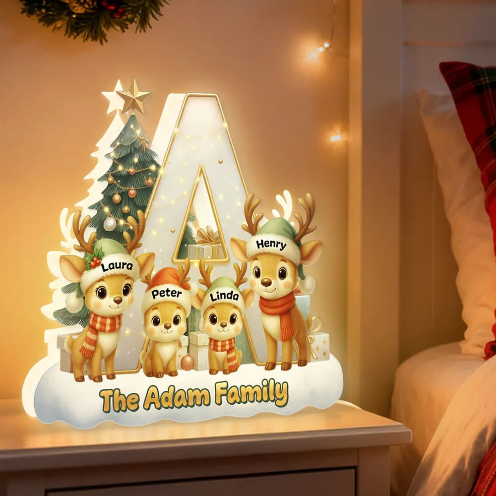 Personalized Acrylic Initial Letter Light Box with Reindeer Family, Cozy Christmas Tree Glow, Festive Home Decor Gift