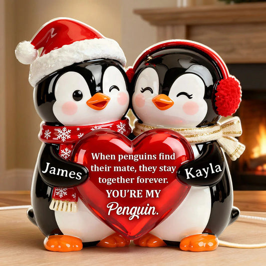 Personalized Acrylic Light Box with Cute Penguin Couple, Romantic Soft Glow Keepsake, Unique Gift for Your Partner