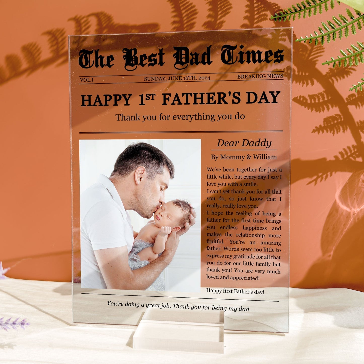 Happy 1st Father’s Day – Personalized Acrylic Plaque with Custom Photo and Heartfelt Message – Ideal Gift for New Fathers