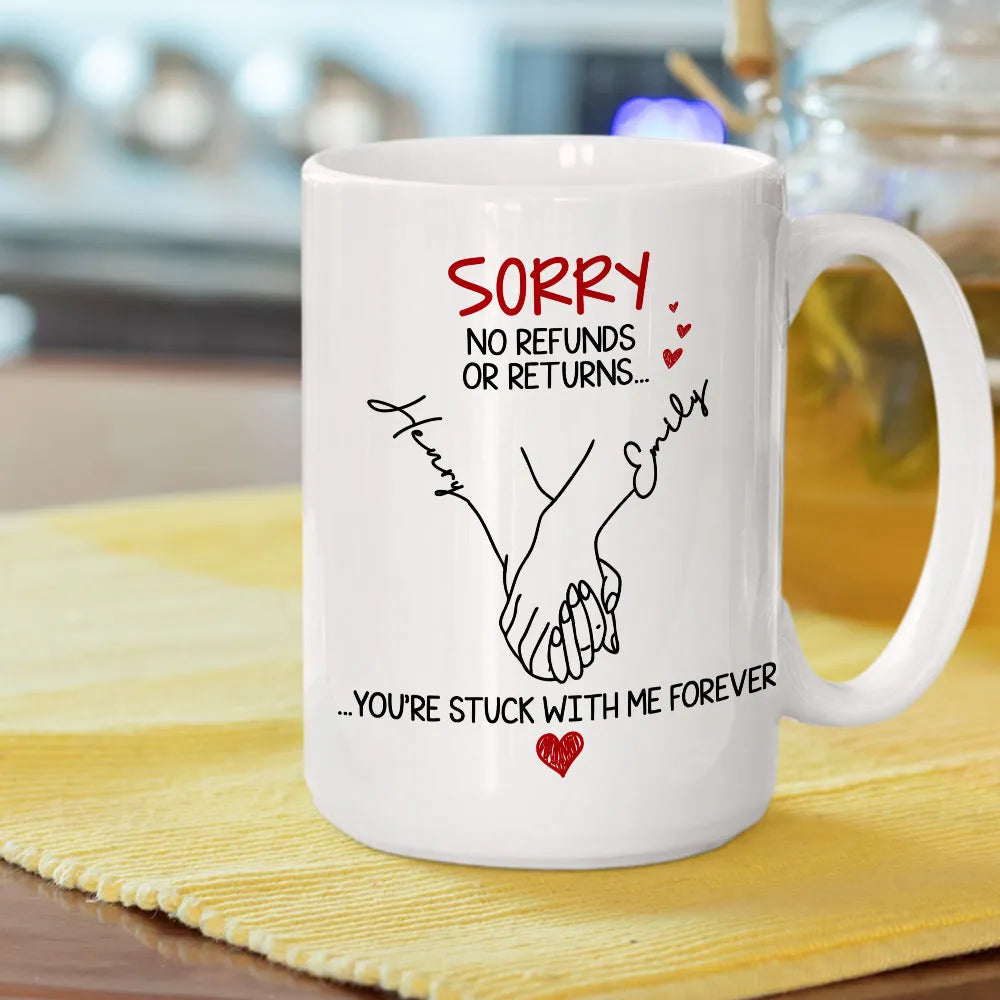 Personalized White Ceramic Mug with Holding Hands Illustration – Romantic “You’re Stuck with Me Forever” Couple Gift