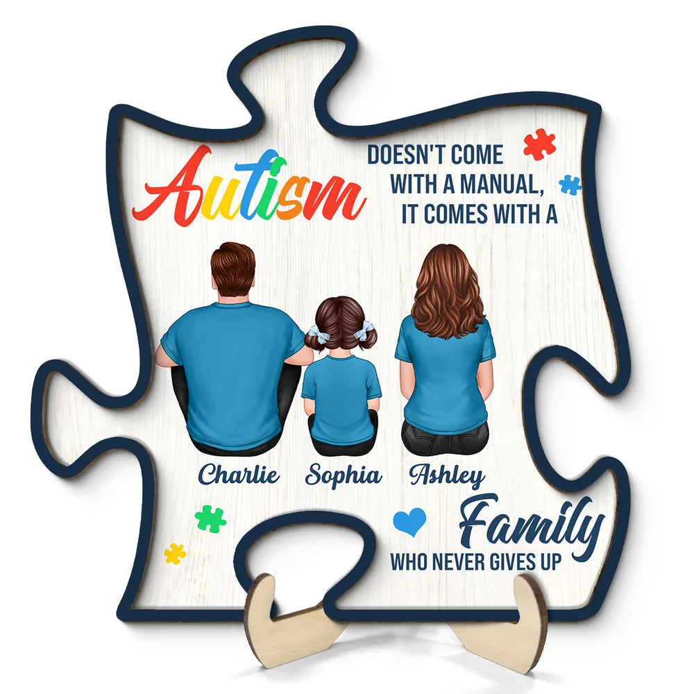 2-Layer Wooden Puzzle Plaque – Autism Family Quote “Family Who Never Gives Up” – Custom Parent & Child Back View Gift