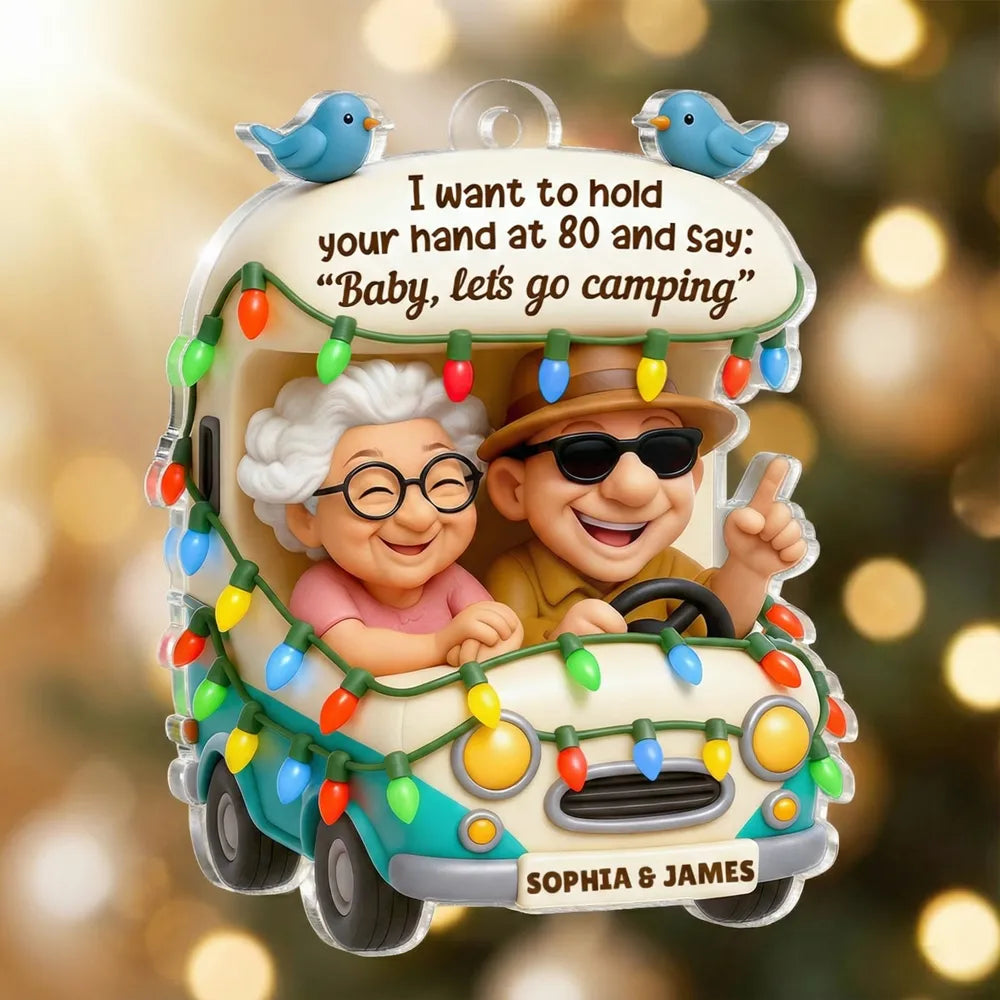 Personalized Camping RV Acrylic Ornament, Smiling Older Couple Road Trip Scene, Warm Holiday Decor, Creative Christmas Gift for Couples