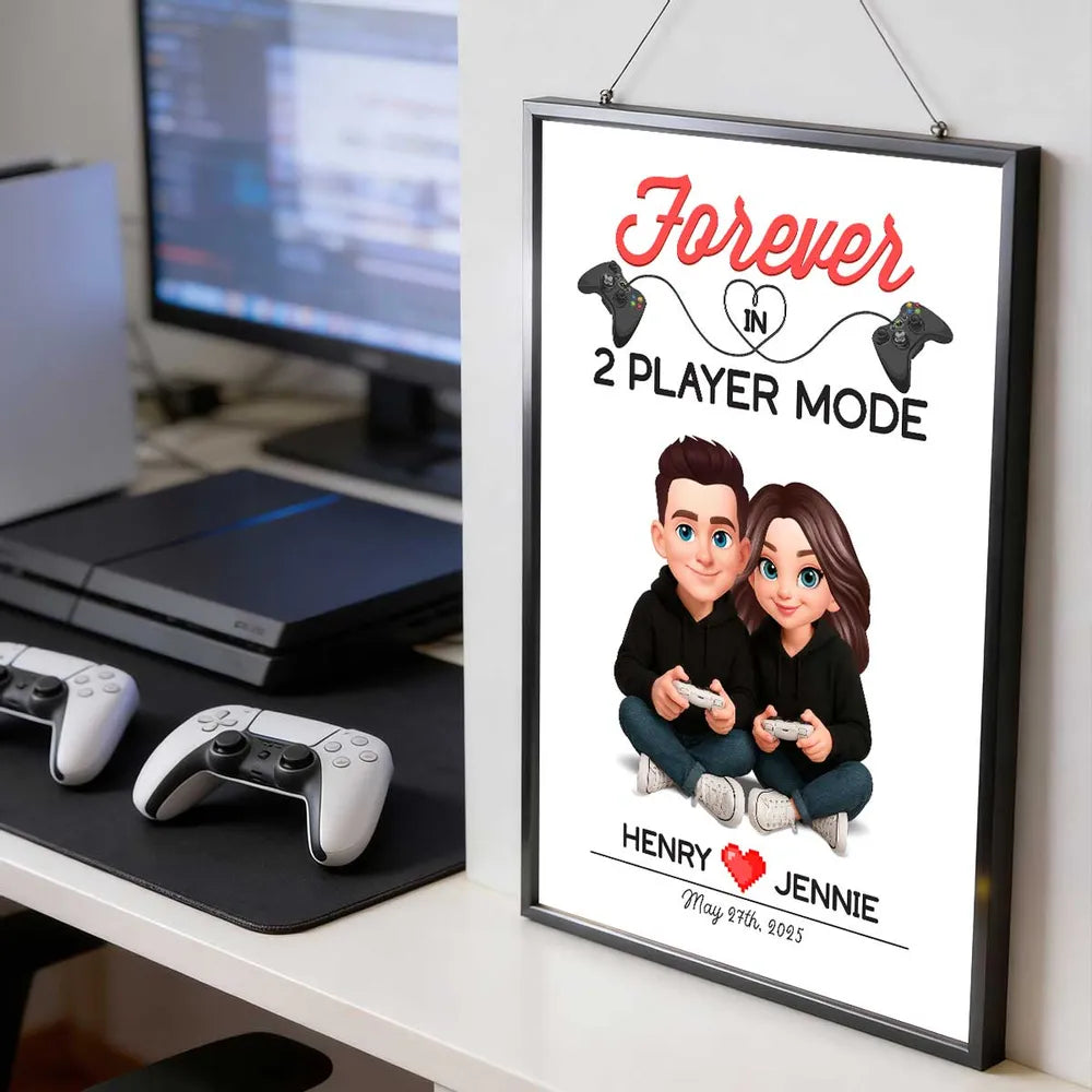 Personalized Gaming Couple Poster Forever In 2 Player Mode Sitting With Controllers Unique Gift For Him & Her