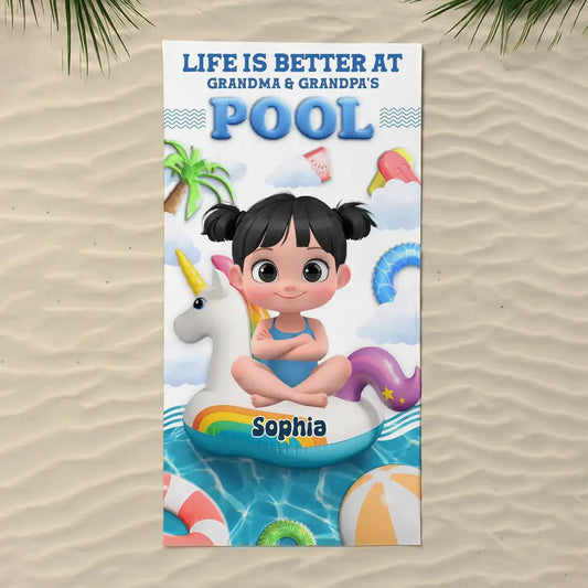 Custom Beach Towel for Grandchildren – 'Life Is Better at Grandma & Grandpa’s Pool', Fun Summer Gift